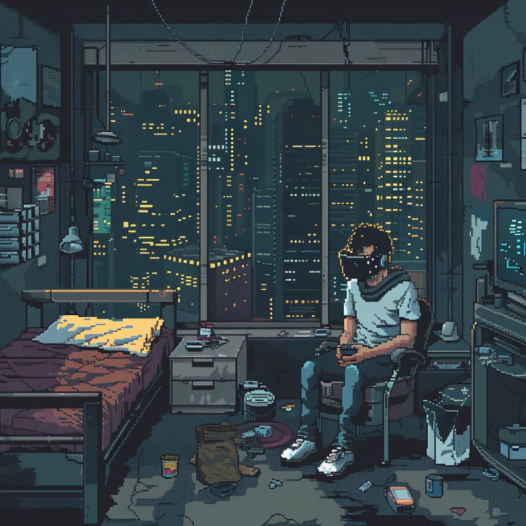 This meme is an image of a person sitting in a messy room, surrounded by trash and broken electronics, with a VR headset on and a controller in their hand. The text "I'm not lazy, I'm just on a different level" appears in a speech bubble above the person's head. The image is a humorous take on the stereotype that people who play video games all day are lazy, but in this case, the person is actually immersed in a virtual reality game.